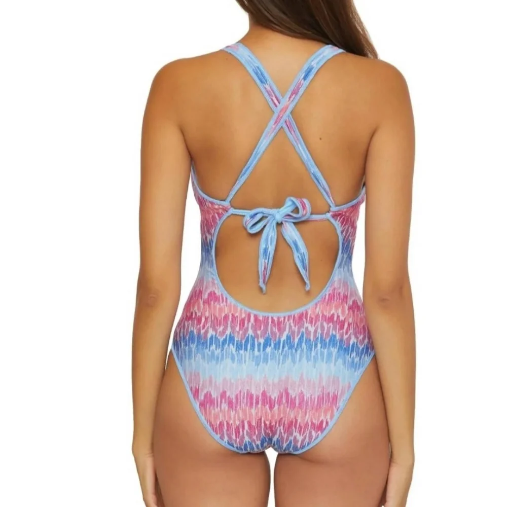 Becca swimsuit L blue pink glitter one piece Joshua Tree plunge deepV new $160
